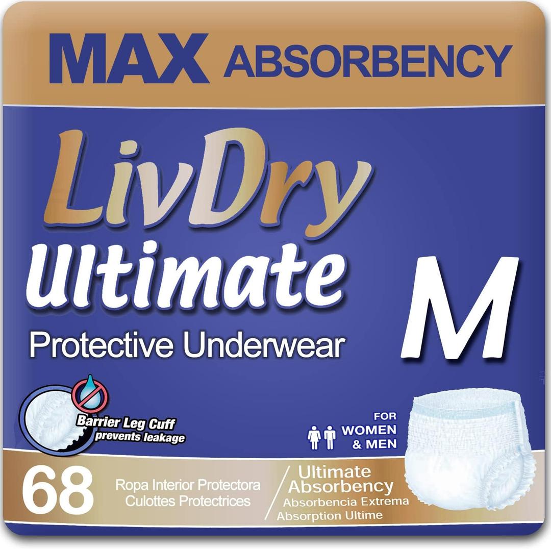 LivDry Ultimate Adult Incontinence Underwear, Max Absorbent Adult Diapers with Leak Protection, Medium, 68-Pack