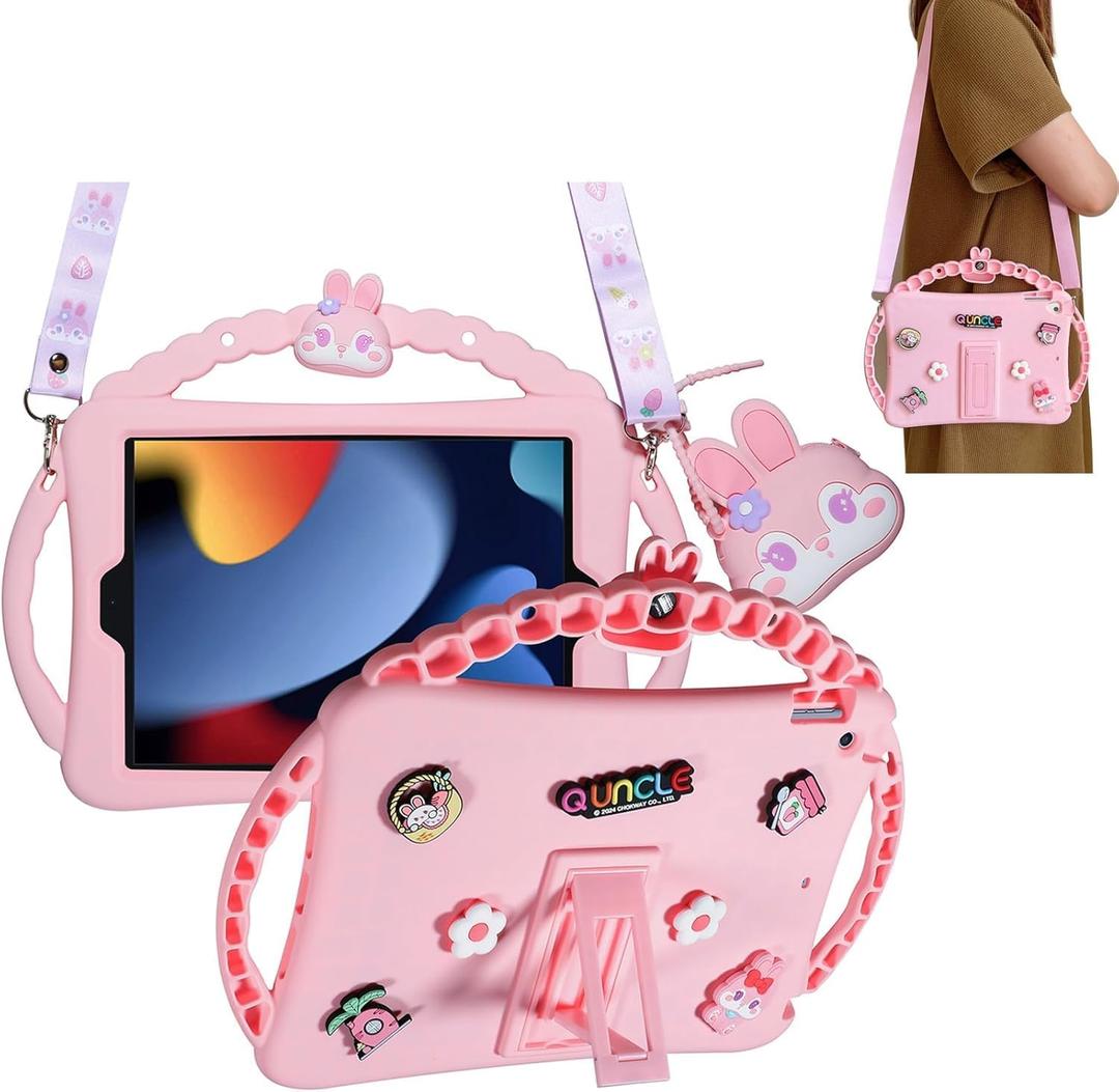 Kids iPad Case for 11th Gen 11" 2025 (A16 Chip) & 10th Gen 10.9" 2022 | Shockproof Cover with 3-Sided Handle & Detachable Purse for Easy Carry, Pink Bunny