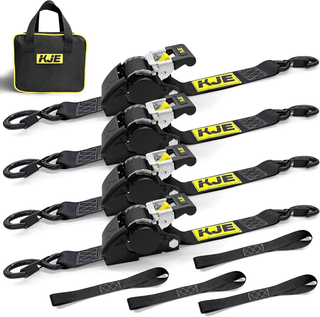 KJE Retractable Ratchet Straps, (4) 2" x 10' Automatic Tie Down Strap Sets + (4) Soft Loops - Heavy Duty 3,300lb Max Break Strength, S-Hook with Clip, Self Retracting Strap for Motorcycle, Kayak, ATVs, 2" x 10' + 1.5" x 17''