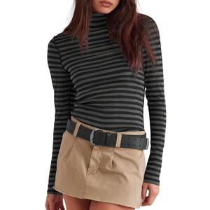 Darong Women's Striped Turtleneck Shirt Long Sleeve Undershirts Ribbed Slim Fit Top Fitted Basic Tees (X-Small, Dark Grey Stripe)