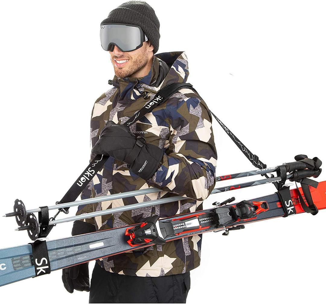 Sklon Ski Strap and Pole Carrier | Avoid the Struggle and Effortlessly Transport Your Ski Gear Everywhere You Go | Features Cushioned Shoulder Sling | Great for Families - Men, Women and Kids - Black