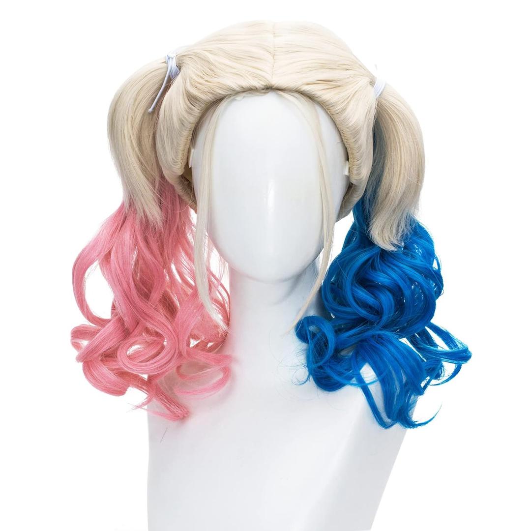 Pink and Blue Wig for Women Curly Two Ponytails Wig for Girl Halloween Costume Party Cosplay Wig (2 Piece Set, Color-1)