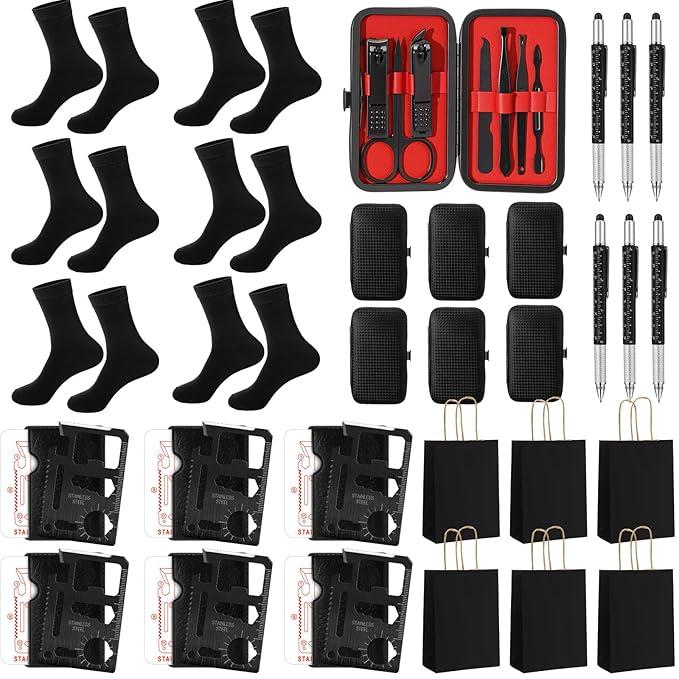 6 Sets Christmas Gifts Baby Shower Game Prizes for Men Include Black Kraft Paper Gift Bags Manicure Kit Tools Socks Pens 11-in-1 Survival Card Tool for Men Husband Father(Black)