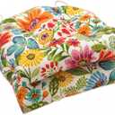 Pillow Perfect Bright Floral Indoor/Outdoor Tufted Wicker Chair Pad with Ties, 15.5" x 16", 2 Count, Blue/Purple Gregoire