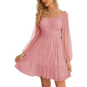 Wenrine Women's Mesh Long Sleeve Square Neck Dress High Waist A Line Ruffle Hem Flowy Casual Party Mini Dress S
