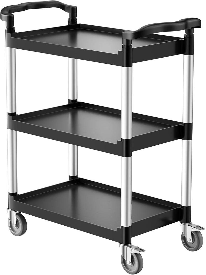 VEVOR Utility Cart, 300 lbs Load Capacity, 3-Tier Utility Plastic Cart with 360 Swivel Wheels (2 with Brakes), 24.4 x 16.1-inch Food Service Cart for Warehouse, Office, Home, Restaurant, Kitchen