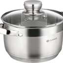 Daniks Standard 2 Quart Stainless Steel Stock Pot with Glass Lid, Try-Ply Bottom for Even Heating, Induction Compatible, Dishwasher Safe, Built-In Measuring Scale, Silver