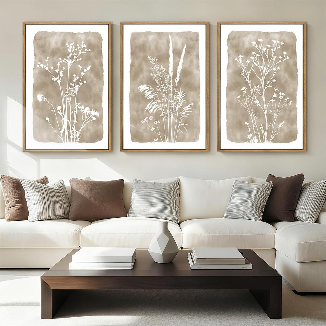 ANHUIB Beige Neutral Floral Canvas Wall Art 16x24 Inch Framed Beige Brown Botanital Wall Decor Large Rustic Farmhouse Wildflower Artwork Vintage Plant Art Prints Set of 3 for Living Room Bedroom Office