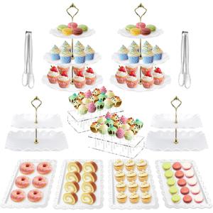 Auysbytdd 12 Pcs Cake Stand, Dessert Table Display Set, 4 Pcs Tiered Cupcake Stand Holder 2Pcs Cake Pop Stand 4Pcs Serving Tray and 2 Tongs for Tea Party Baby Shower Birthday