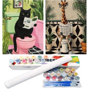 Mandun 2 Pack Paint by Numbers Kit for Adults, Cat Giaffe Paint by Numbers for Adults, DIY Adult Painting by Numbers Beginners on Canvas Acrylic for Home Wall Art Decor 12x16Inch (Rolled Package)