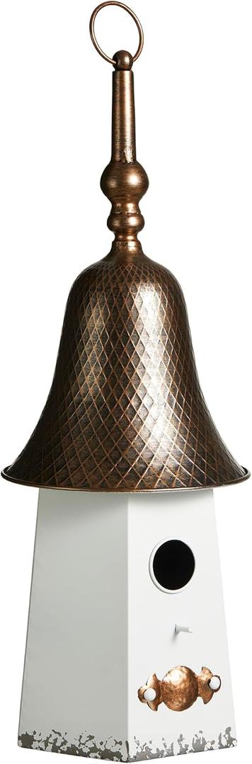 Glitzhome 24" H Hanging Birdhouse Metal Washed White Bell Roof Decorative Garden Bird House for Outdoor