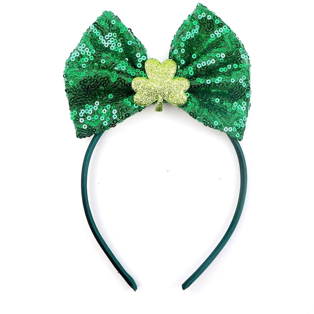 St. Patrick's Day Bow Headband for Women & Girls - Green Shamrock Glitter Headband with Sequin Bow, Clover Design Hair Hoop, Irish Party Hair Accessories, March 17th Festival Gift