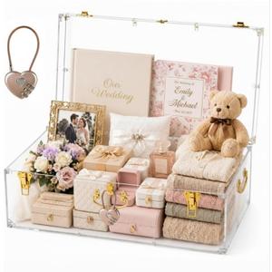 Novabright Clear Acrylic Keepsake Trunk with Heart Lock, 23.6 x 14.2 x 9.4"