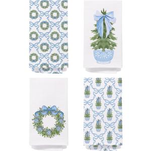 Chinoiserie Christmas Kitchen Towels, Blue Bow Coquette Christmas Tree Dish Towels for Bathroom,Light Blue Christmas Hand Towels for Bathroom Kitchen, Grandmillennial Decor,16x24 Inches Set of 4