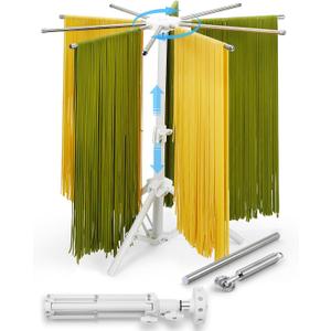 Pasta Drying Rack Collapsible, 360 Rotating, Adjustable Height(14.5"-23.6"), 304 Stainless Steels Arm, Large Noodle Dryer Foldable with Ravioli Wheel for Homemade Fresh Pasta Spaghetti