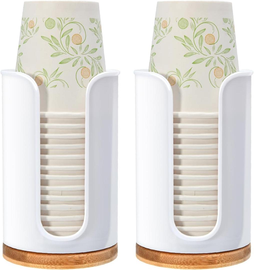 Large Bathroom Cup Dispenser - 2 Pack PC Plastic and Bamboo for Dixie 3oz 5oz 6oz Mouthwash Cups Holder, Vanity Countertops, Bathroom, Kitchen, and Dining Room(White)