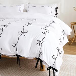 Black White Duvet Cover Set Black Bow Tie Bedding Set Super Soft Breathable Microfiber Bowknot Butterfly Tie Aesthetic Bedding Romantic French Queen Duvet Cover for All Season