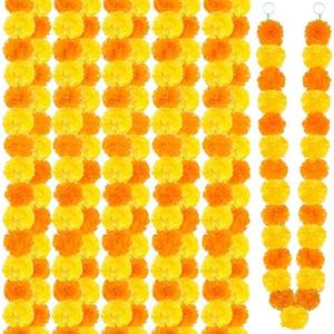 Fovths 5 Pieces 5 Feet Long Marigold Garland Bulk Light Orange and Golden Yellow Indian American Wedding Party Mantel Decoration Long Strands Artificial Dia De Los Muertos Decor for Pooja, Diwali