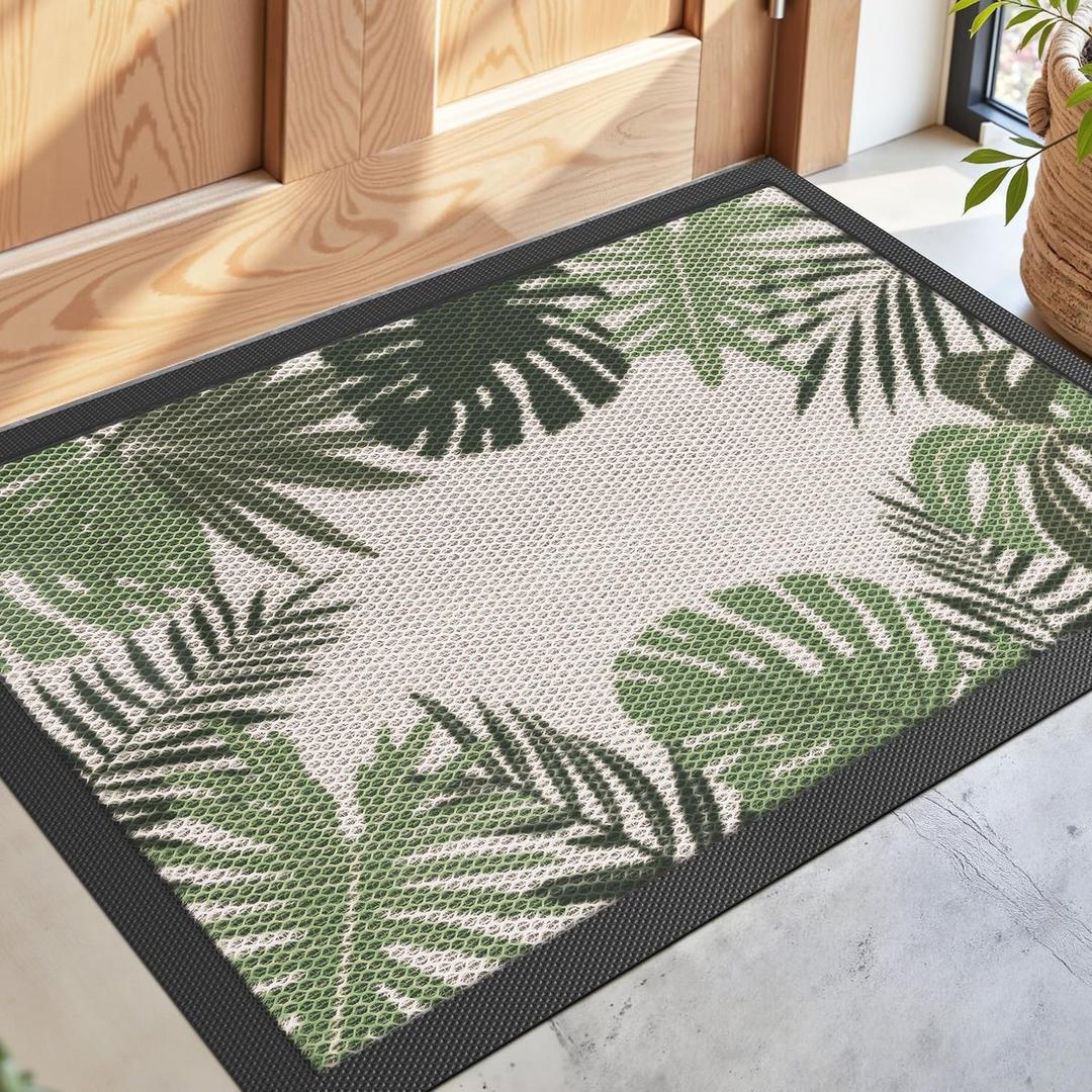 DEXI Front Door Mat Outside Entrance, Summer Tropical Leaves Plant Doormat, Non Slip Dirt Resist Heavy Duty Entry Mats for Entryway, 24x36, Olive Green