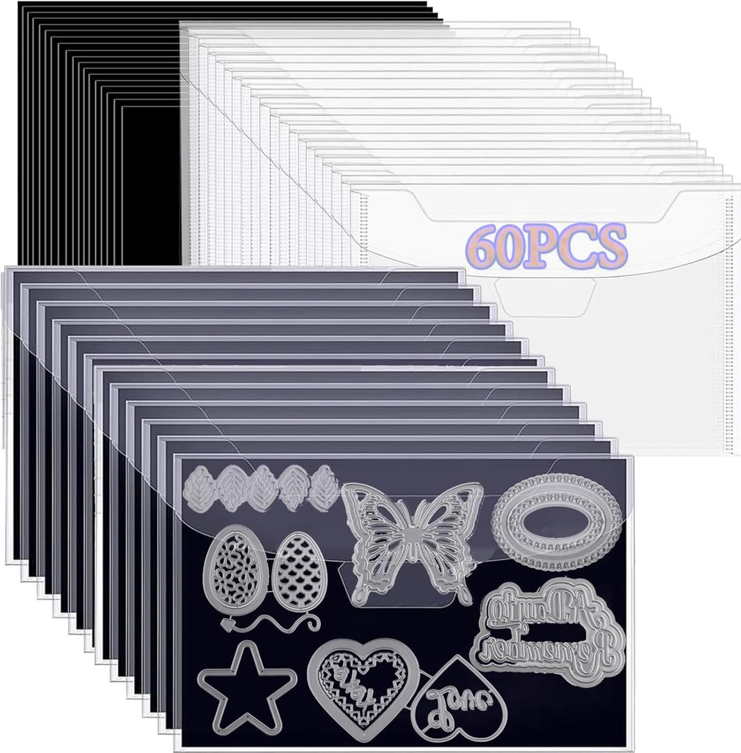 60 PCS Large Stamp and Die Storage Bag with Rubber Magnetic Sheets,0.5mm Thickeness Magnetic Sheets for Craft Storage,9.4x7inch Clear Craft Die Storage Envelopes Arts Crafts Scrapbooking Supplies
