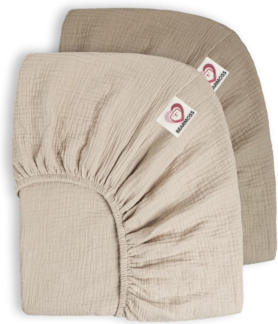 Bearmoss Muslin Crib Sheets - 100% Cotton Fitted for Standard Crib & Toddler Bed Mattress 52"x28" - Soft Breathable Neutral for Boys Girls - 2 Pack (Oat Latte)