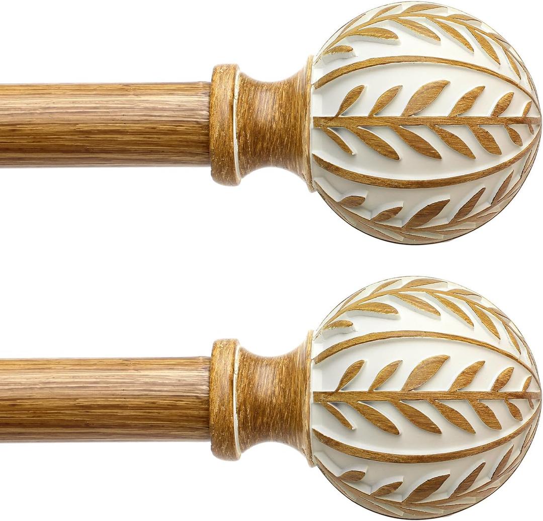 QDWIS 2 Pack Boho Wood Curtain Rods for Windows 28 to 48 inch,1" Adjustable Heavy Duty Window Curtain Rod with Imitation Wood Grain Finials,Rustic Decorative Drapery Rods Set 18-60'',Maple Wood