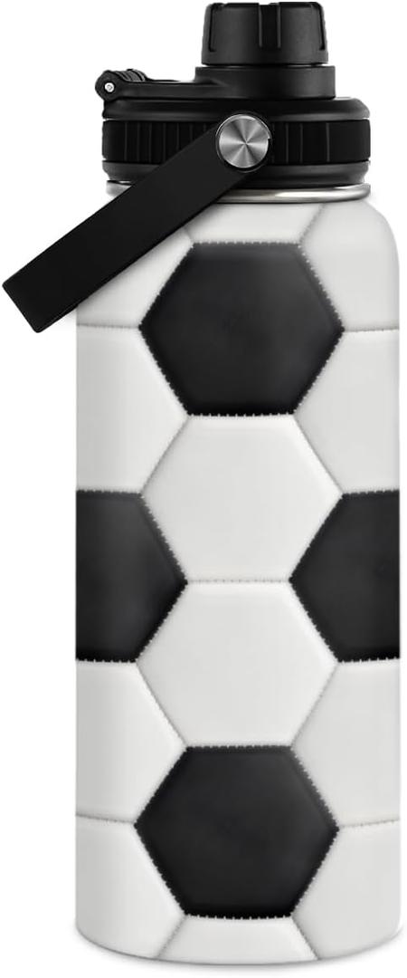 Soccer Water Bottle with Lid - 32oz Insulated Stainless Steel Sport Bottles - Men Soccer Player Fan Coach