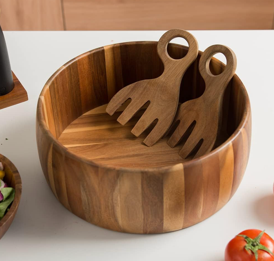 SullyHÔME 12" Acacia Wood Salad Bowl with Serving Spoons