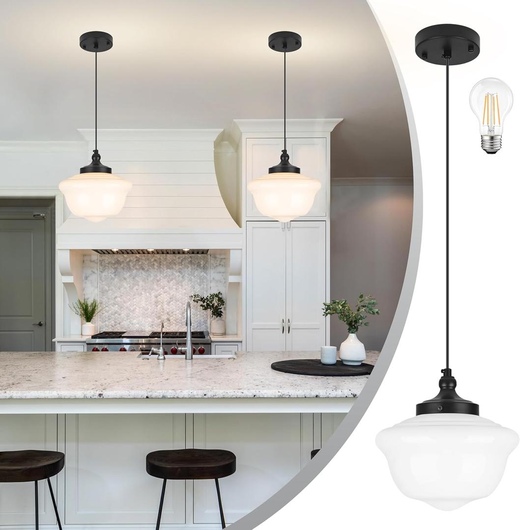 10" Black Schoolhouse Light Fixture Milk Glass Pendant Light Schoolhouse Pendant Light Milk Glass Light Fixture Mid Century Modern Ceiling Light for Bedroom Bathroom Kitchen Island (Bulb Incl)