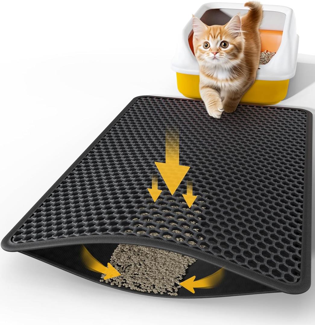 Powools 27" x 19" Cat Litter Mat - Ultra-Large Litter Box Mat with Double Layers, Urine-Proof and Non-Slip Litter Trapping Mat, Easy to Clean Kitty Litter Mats for Floor, Scatter Control, Black