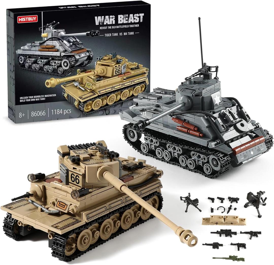 WW2 Army Tank Toys Building Kit Compatible with Lego, Create a German Tiger & an American M4 Sherman Models with 1184 Blocks, Great Military Toy Gifts for Boys, Kids Age 8-14