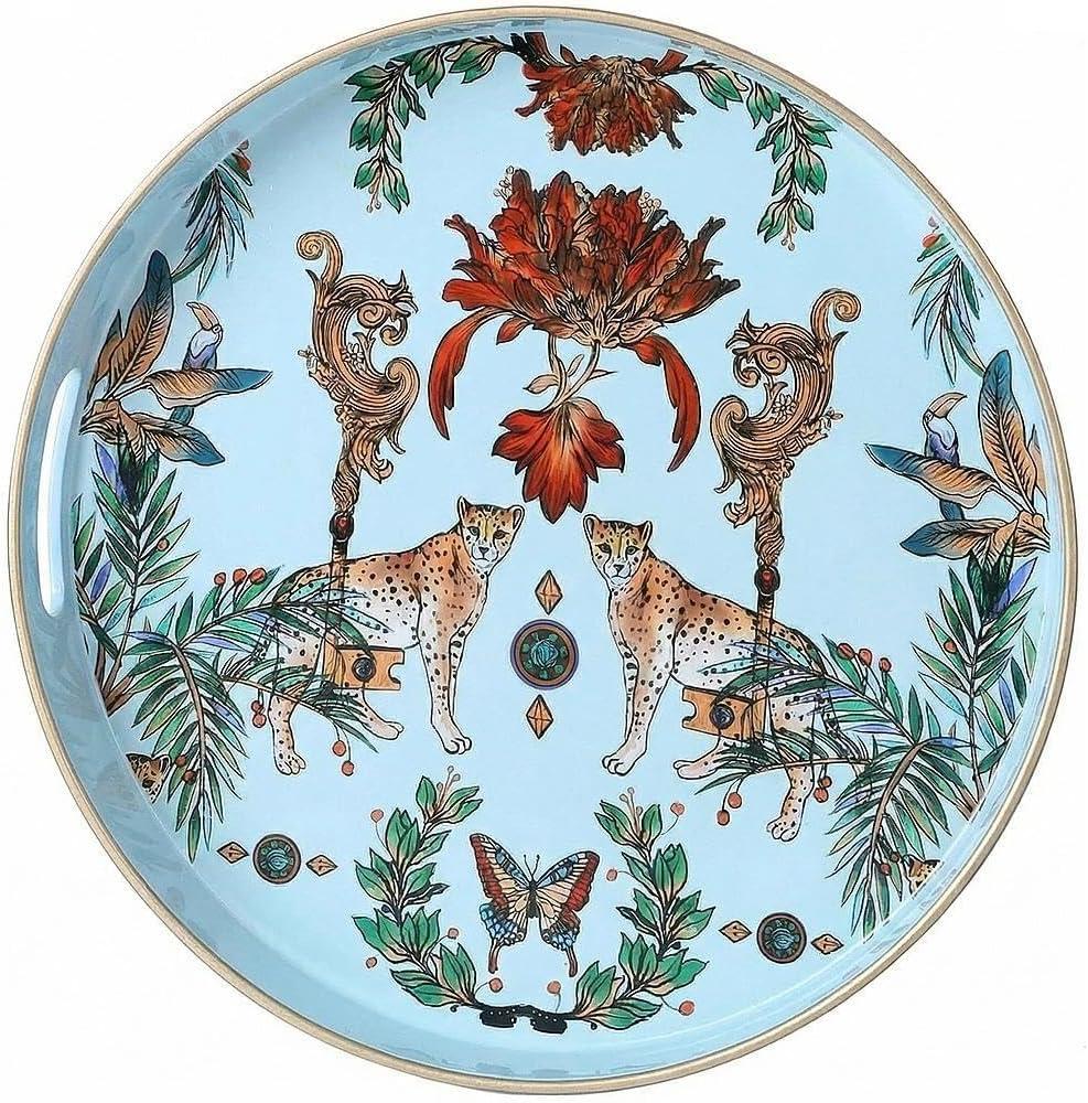 Zosenley Round Decorative Tray, 13 Inch Plastic Serving Tray with Handles, Leopard Style Vanity Organizer for Ottoman, Coffee Table, Kitchen, Bathroom (Blue)