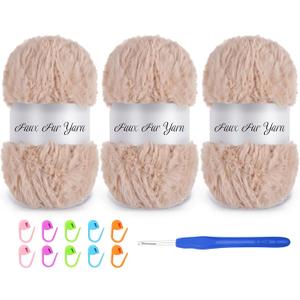 3 Skeins Faux Fur Yarn Soft Fluffy for Crocheting,Chunky Fuzzy Eyelash Yarn for Crochet Hats, Scarves, Bags, Cushions(Apricot)