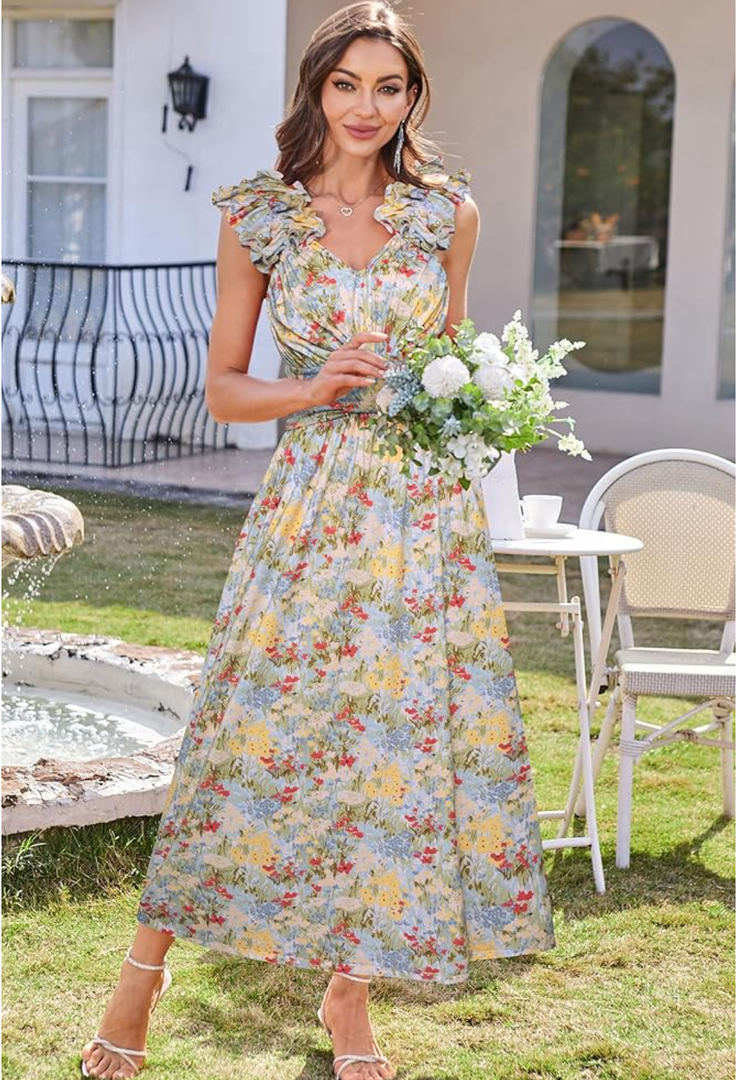 GRACE KARIN 2025 Women's Summer Floral Print Dress Sleeveless Casual Flowy Sundress A Line Ruffle Wedding Guest Outfit 2XL