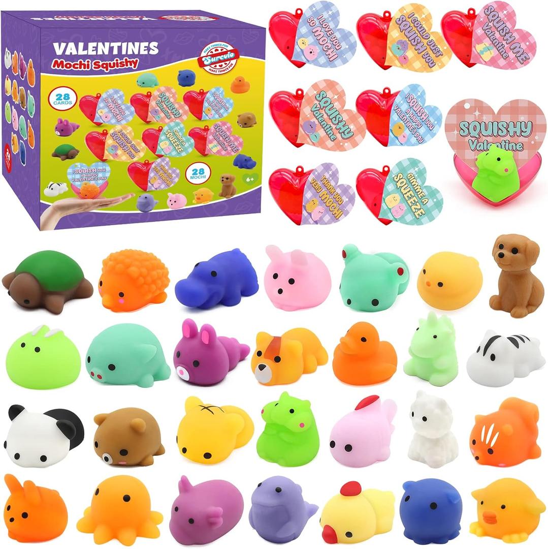 28 Pack Valentines Day Gifts for Kids, Mochi Squishies Party Favor Set with Filled Hearts and Valentines Greeting Cards, Valentine's Day School Prize Party Favor, Classroom Exchange Gift Set