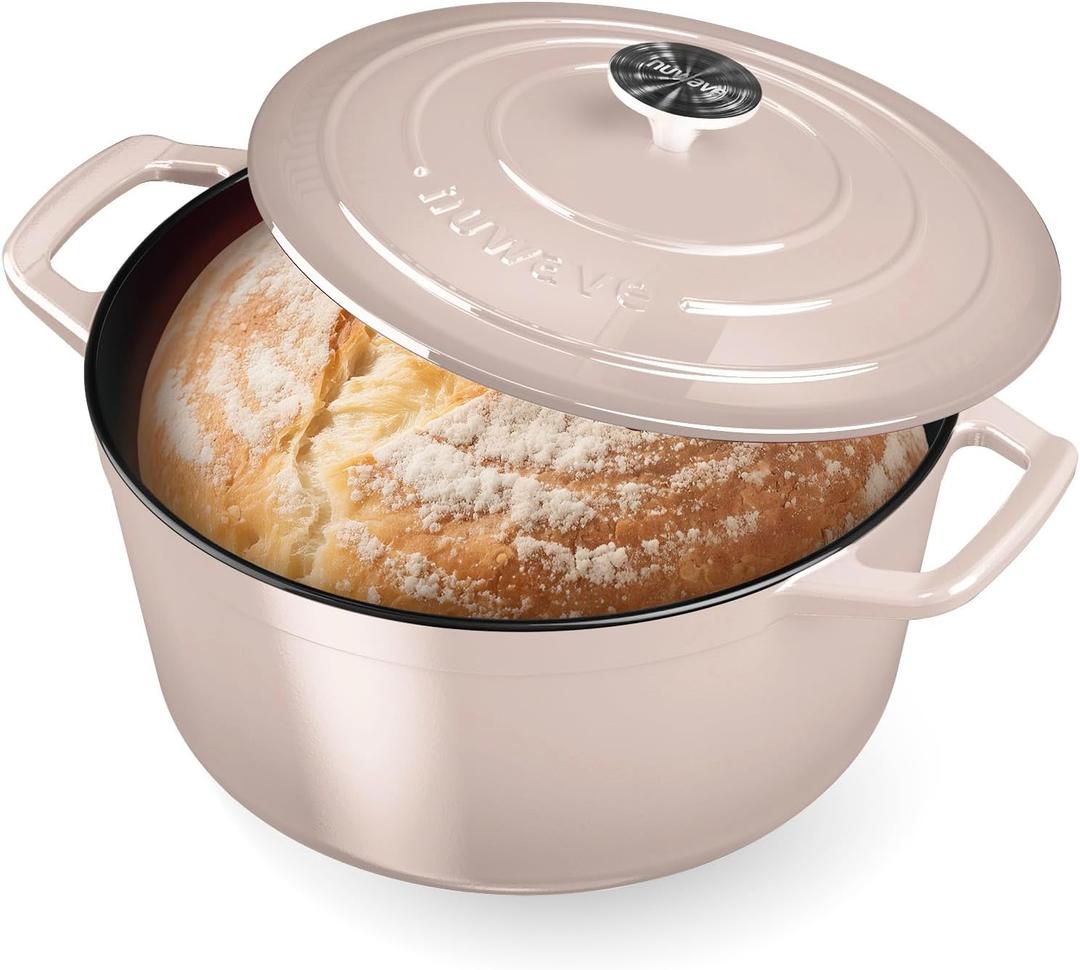 Nuwave 6QT Healthy Enameled Cast Iron Dutch Oven Pot with Lid, Heavy Duty 7-Layer Enamel, Enhanced Rust Protection, Dual Handles, Oven Safe to 500F for Sourdough Bread Baking, Braise, Stew, Roast (Chiffon)