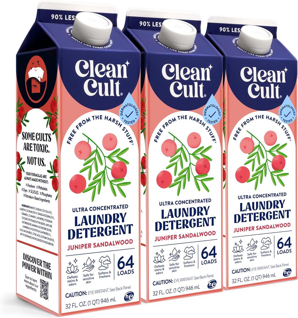 Ultra Concentrated Liquid Laundry Detergent Soap, 192 loads (96 oz), Long Lasting Scent, 90% Less Plastic, No Harsh Chemicals, Juniper Sandalwood, Defeats Stains & Odors, HE/Standard Compatible (32 Fl Oz (Pack of 3))