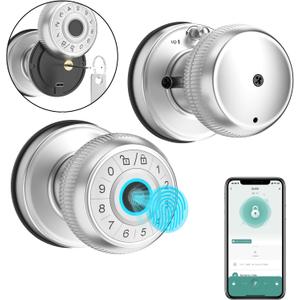 4-in-1 Smart Door Knob, Fingerprint Door Knob with App Control, Smart Fingerprint Door Lock with Keypad, Real Privacy Mode, Auto Lock, Ideal for Home, Bedroom, Garages &Office, Silver, 1 Pack
