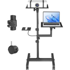 GSOW 2 Shelves Mobile Projector Stand, Rolling Laptop Stand Adjustable Height to 47 Inches, Podium Stands with Ventilated Tray, Heavy Duty, Laptop Floor Stand for Office, Home, Stage, DJ