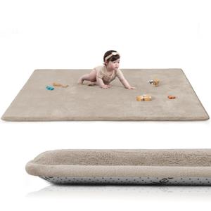 Baby Play Mat for Floor,1.3" Thick Elasti-Foam 50"74" Playpen Mat for Tummy Time,Water Repellent Soft Coral Velvet for Toddler,Infant,Kids,Non-Slip Backing Safe for Crawling(Beige)