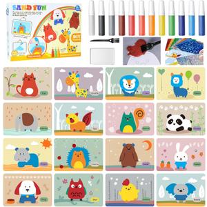 Nilez Sand Art Kits for Kids Foil Crafts Painting Bulk Peel and Stick Drawing Party Toys for Age 4-13 Girl Boy, DIY Animal Pictures with Colored Sand Mini Brush Squeeze Bottle Birthday Gift Children