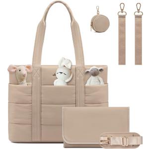 LOVEVOOK Diaper Bag Tote, 15.6inch Puffer Baby Diaper Bag Waterproof Travel Diaper Tote with Changing Pad Pacifier Case (Khaki)