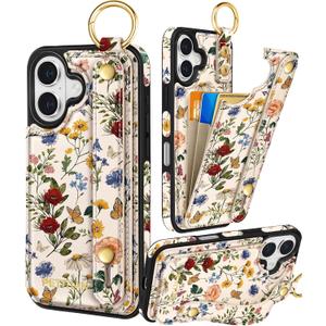 Petitian for iPhone 16 Wallet Case - Women Girls Cute Girly Aesthetic Unique Design Leather Credit Card Holder Cardholder Stand Wristband for iPhone 16, Vin Flower