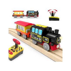 Motorized Train for Wooden Track, Remote Control Train with Magnetic Connection, Battery Operated Locomotive Trains for Toddlers, Compatible with Thomas, Brio, Chuggington