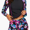 Daci Women's Long Sleeves Rash Guard - 2 Piece Swimsuits with Built in Bra Swim Shirt and Shorts with Pockets Small