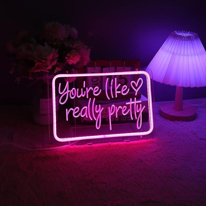 You're Like Really Pretty Neon Sign Led Pink Neon Lights for Wall Decor Bedroom Art Decorative Letter for Bar Party, USB/Switch Dimmable Led Sign, 11.8'*7.8'