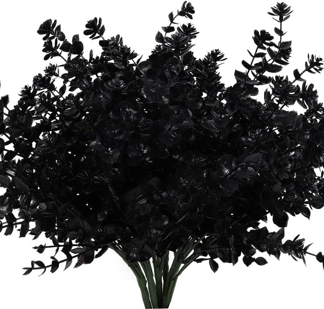 Black Artificial Flowers, Fake Outdoor UV Resistant Plants Faux Plastic Greenery Shrubs Indoor Outside Hanging Planter Home Kitchen Office Wedding, Garden Decor (Black) 2 Pack