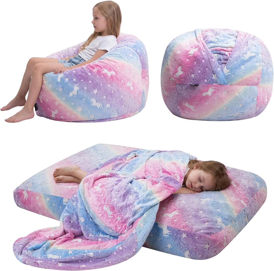 COMAX Bean Bag Chair for Kids, Toddler Beanbag Bed Unicorn, Convertible Children Bean Chair to Floor Mattress with Filler, Stuffed Child Bean Bags for Girl Boy Sleeping, Colorful Rainbow, 29.5"dx29.5"wx18.5"h