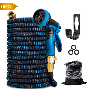 Kotto 100 ft Flexible Garden Hose, Water Hose for Outside with 10 Spray Nozzles, Brass Connector, Leak-Proof, Blue