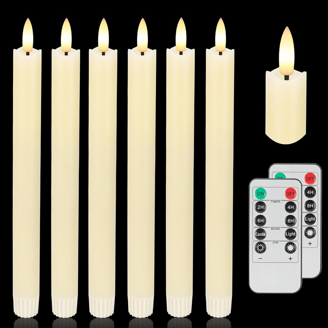 Flameless Taper Candles with Two Rmote, 9.6" Real Wax Battery Operated Candles with 3D Wick, 6 Pack Led Flickering Candlesticks, Electric Candle for Home, Wedding, Party, Decor, Ivory